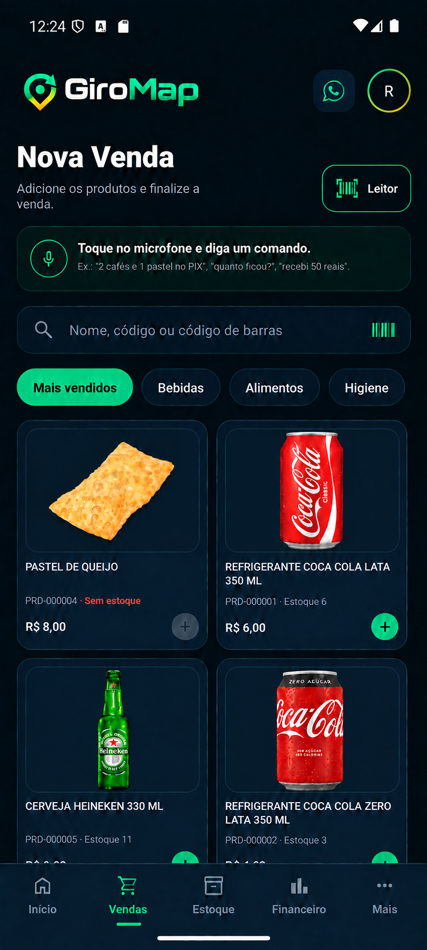 Tela real de vendas do GiroMap com busca, comando de voz, leitor de código de barras, categorias e produtos