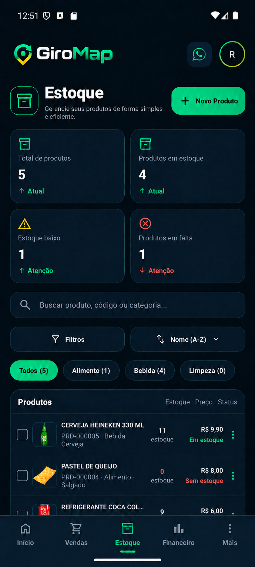 Tela real de estoque do GiroMap com indicadores, pesquisa, filtros, categorias e lista de produtos