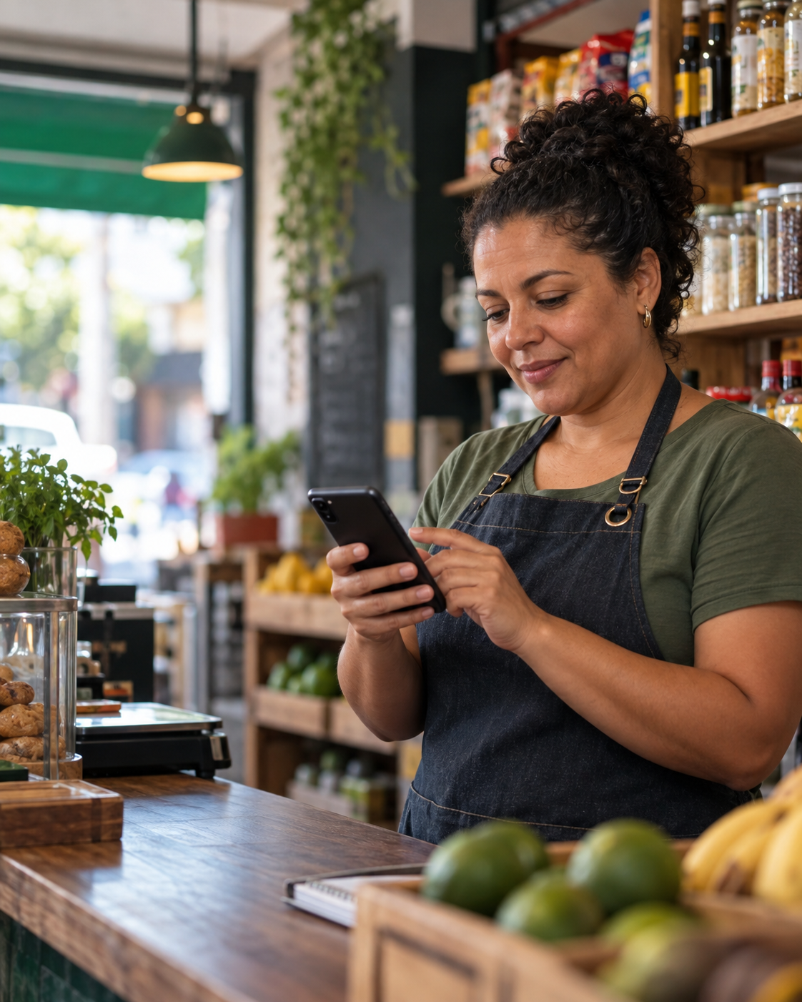 Comerciante usando o GiroMap pelo celular em seu negócio